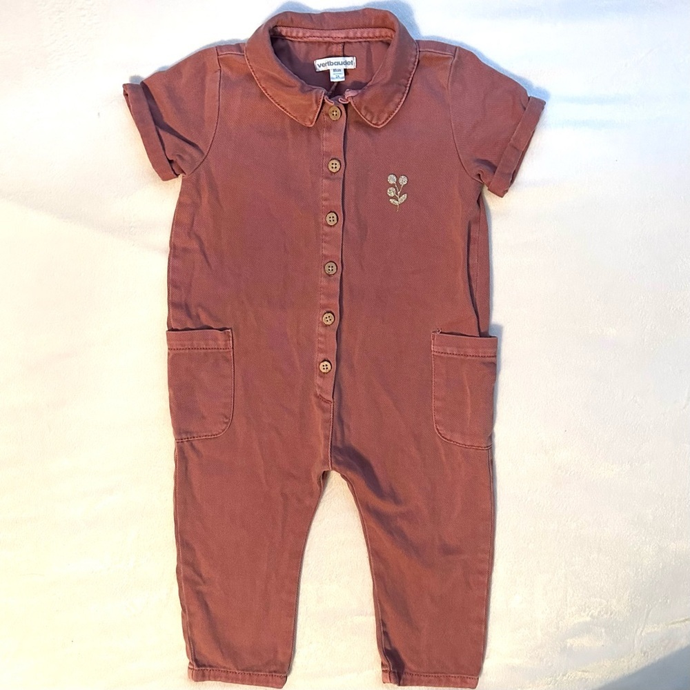 Vertbaudet Short Sleeve Baby Twill Jumpsuit Romper Dusty Rose Girl 2T France